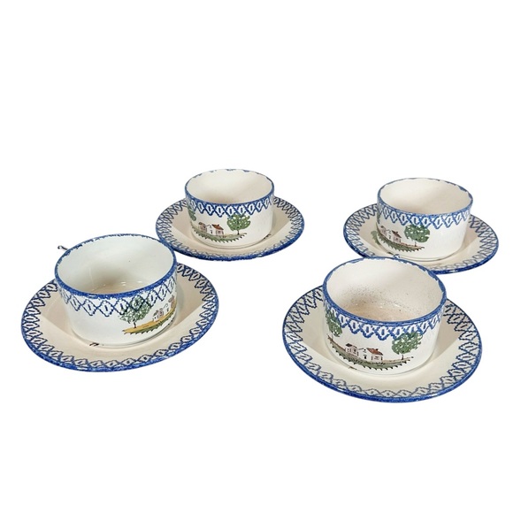 SAINT CLEMENT Luneville Art Pottery Mug with SaucerSet of 4 Handpainted France - Picture 2 of 8